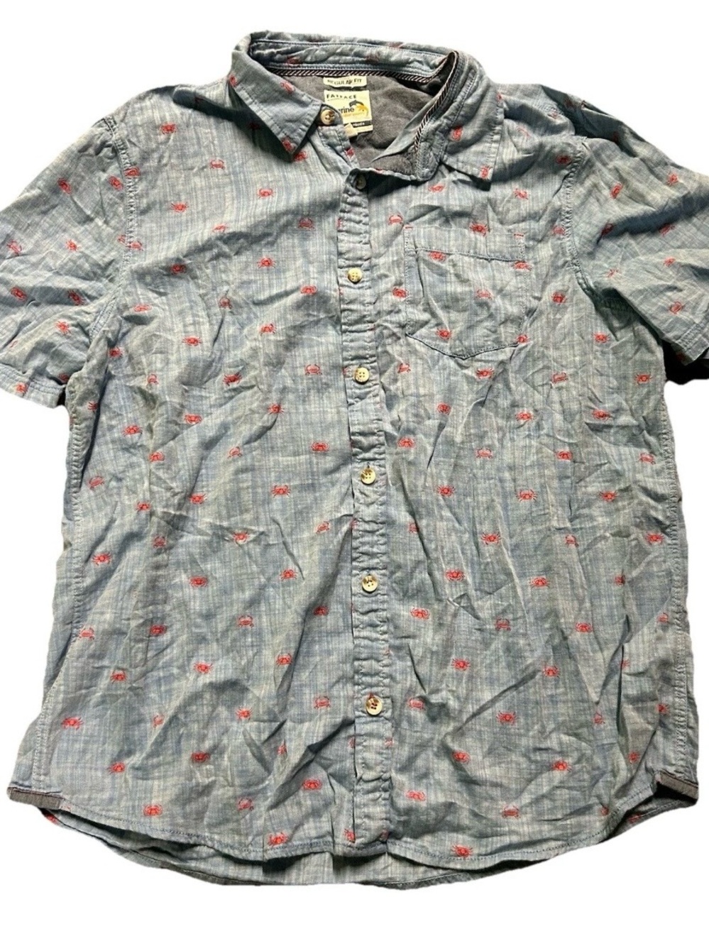 Men’s Fat Face Blue Short Sleeve Button Down Shirt Crabs Size XL
